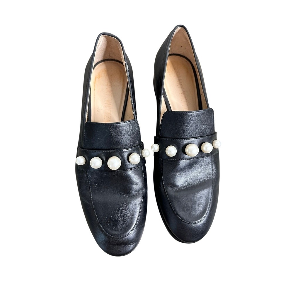 Stuart Weitzman Black Leather Pearl Embellished Loafers Women's Size 10.5